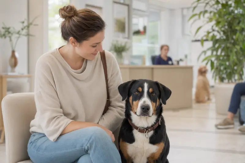 Ein Appenzeller Sennenhund sitzt ruhig neben seinem Besitzer in einem modernen Tierarztwartezimmer.